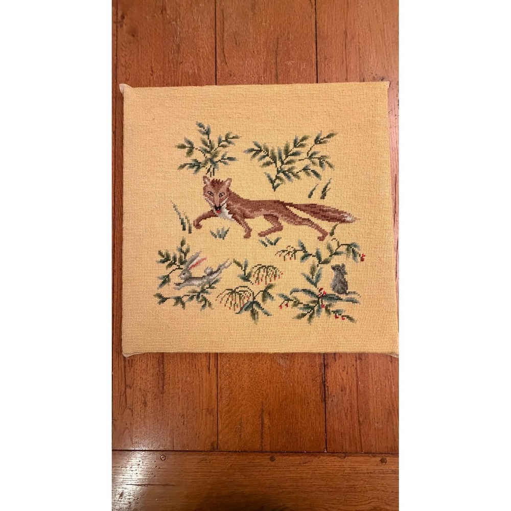 Vintage Fox Hunt Needlepoint Panel English Country Hunt Club Decor 18x18"